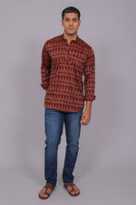 Thumbnail for Bluebird Men's Maroon Ikat Printed Short Kurta