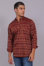 Thumbnail for Bluebird Men's Maroon Ikat Printed Short Kurta