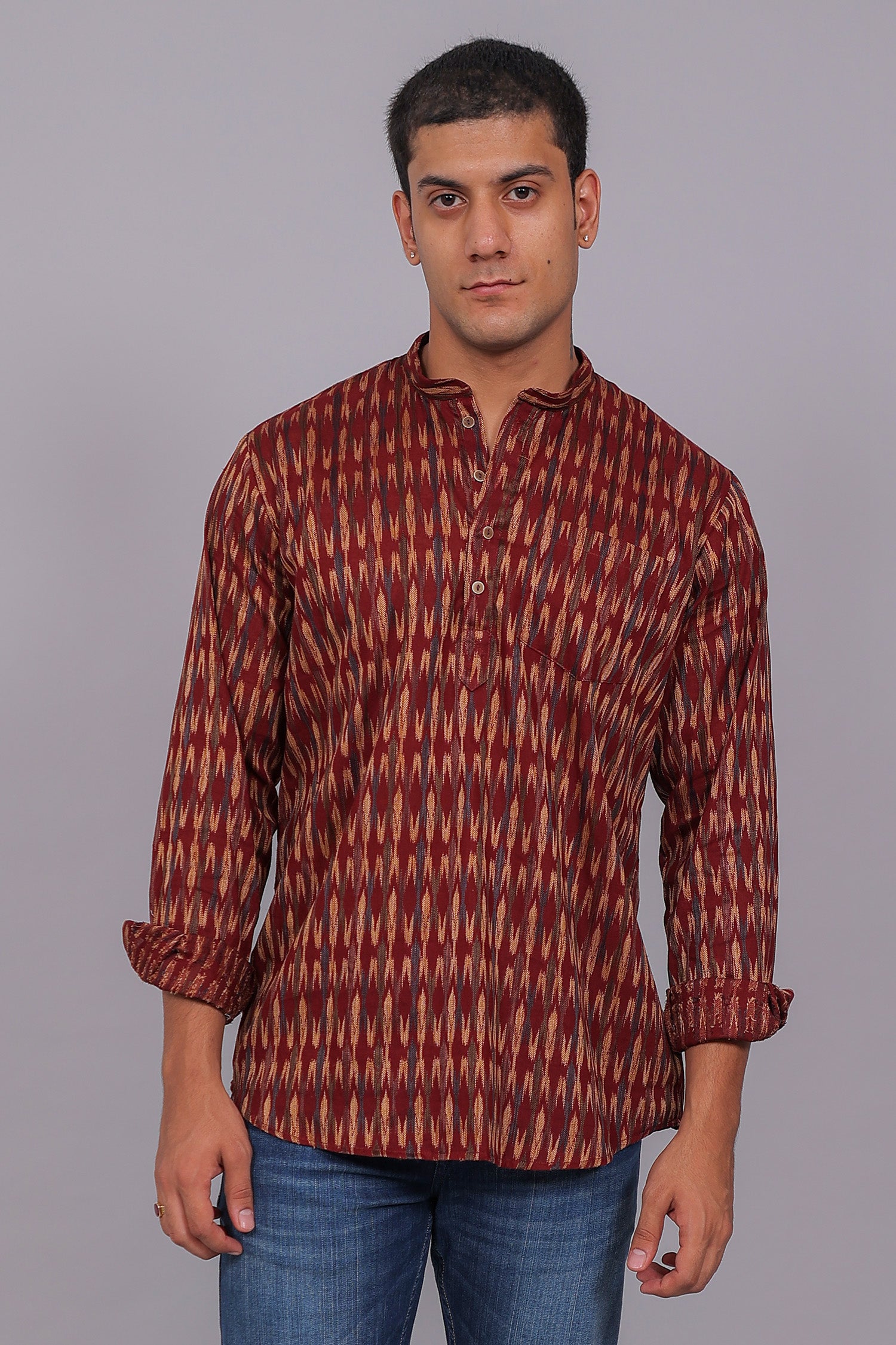 Bluebird Men's Maroon Ikat Printed Short Kurta