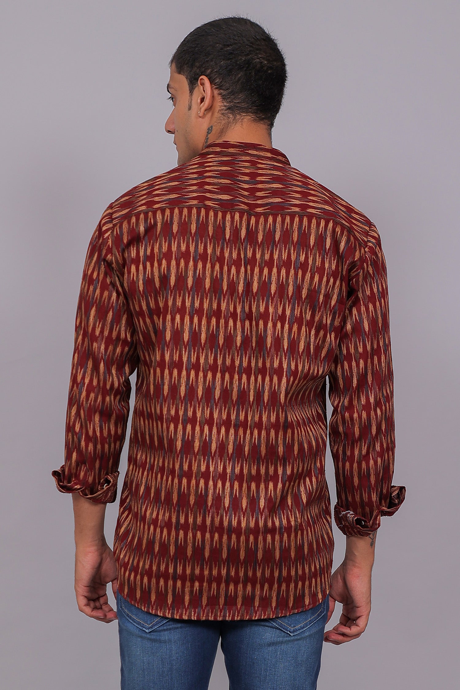 Bluebird Men's Maroon Ikat Printed Short Kurta