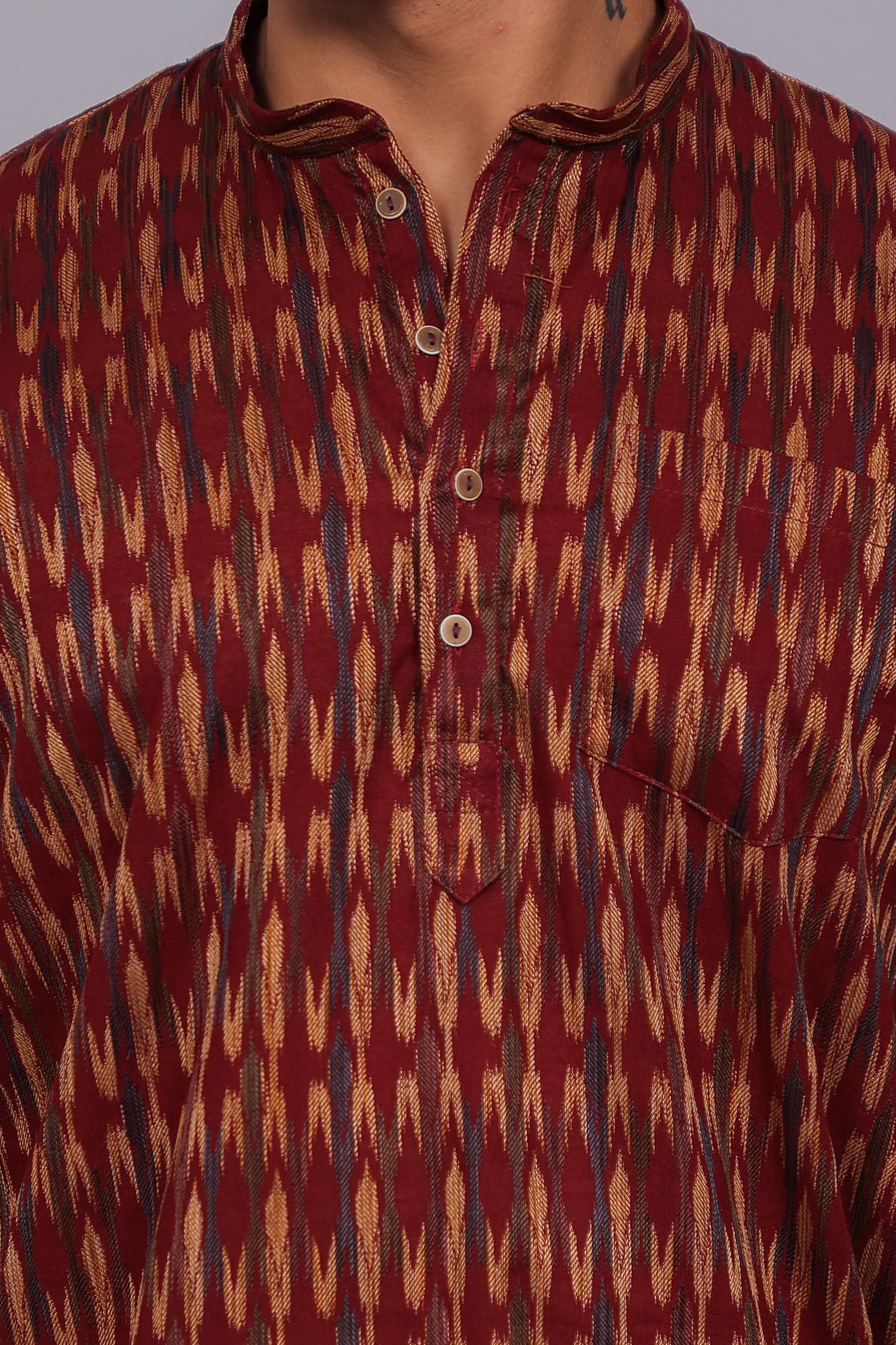 Bluebird Men's Maroon Ikat Printed Short Kurta