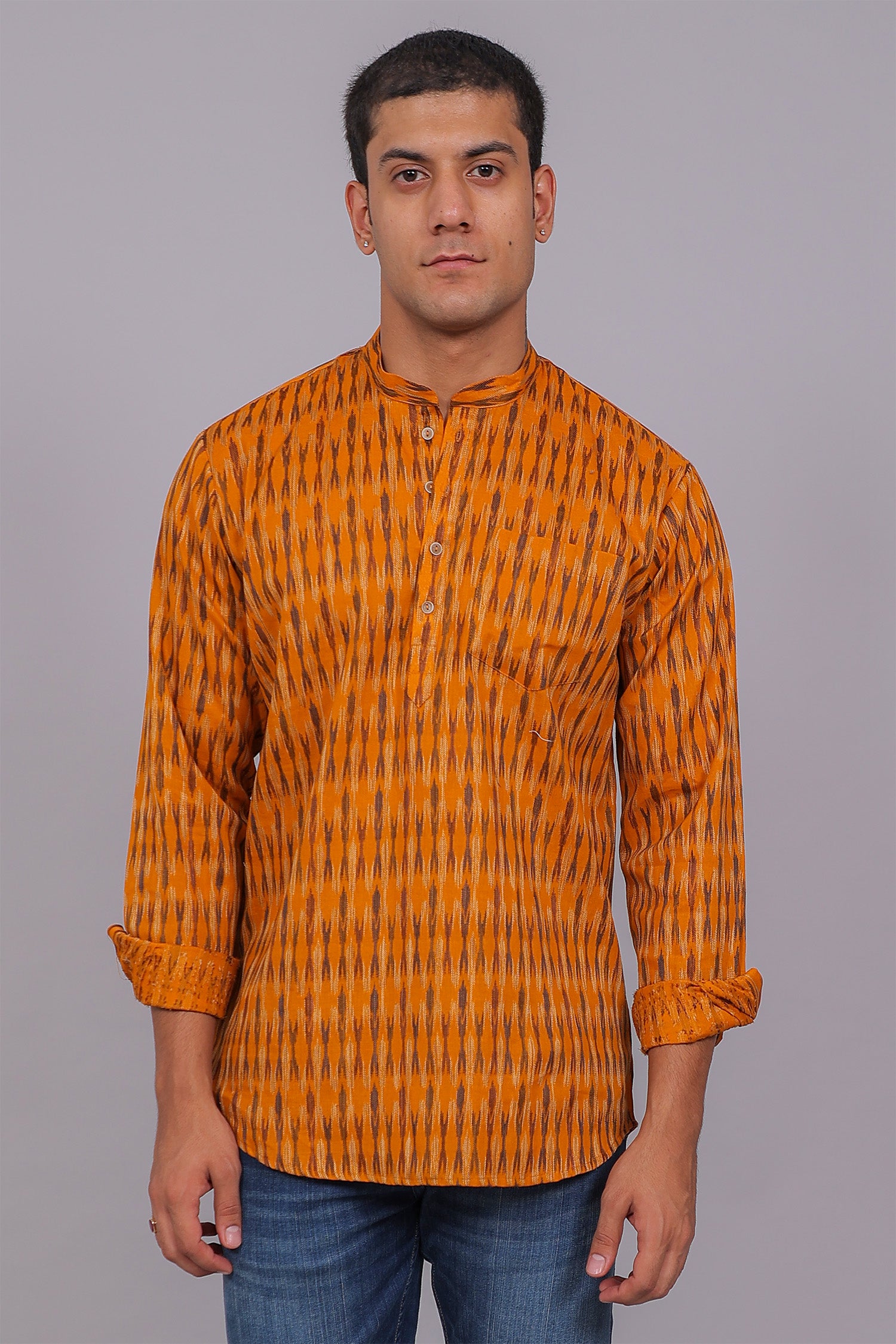 Bluebird Men's Orange Ikat Printed Short Kurta