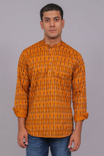 Thumbnail for Bluebird Men's Orange Ikat Printed Short Kurta