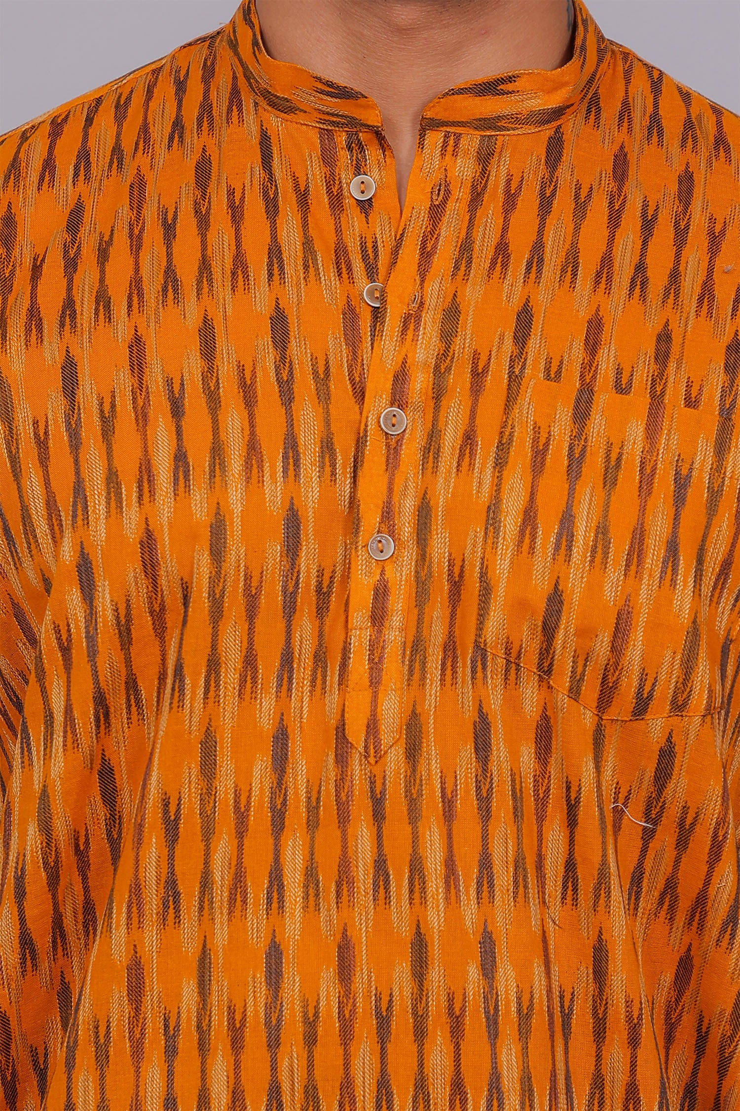 Bluebird Men's Orange Ikat Printed Short Kurta