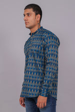Thumbnail for Bluebird Men's Blue Ikat Printed Short Kurta