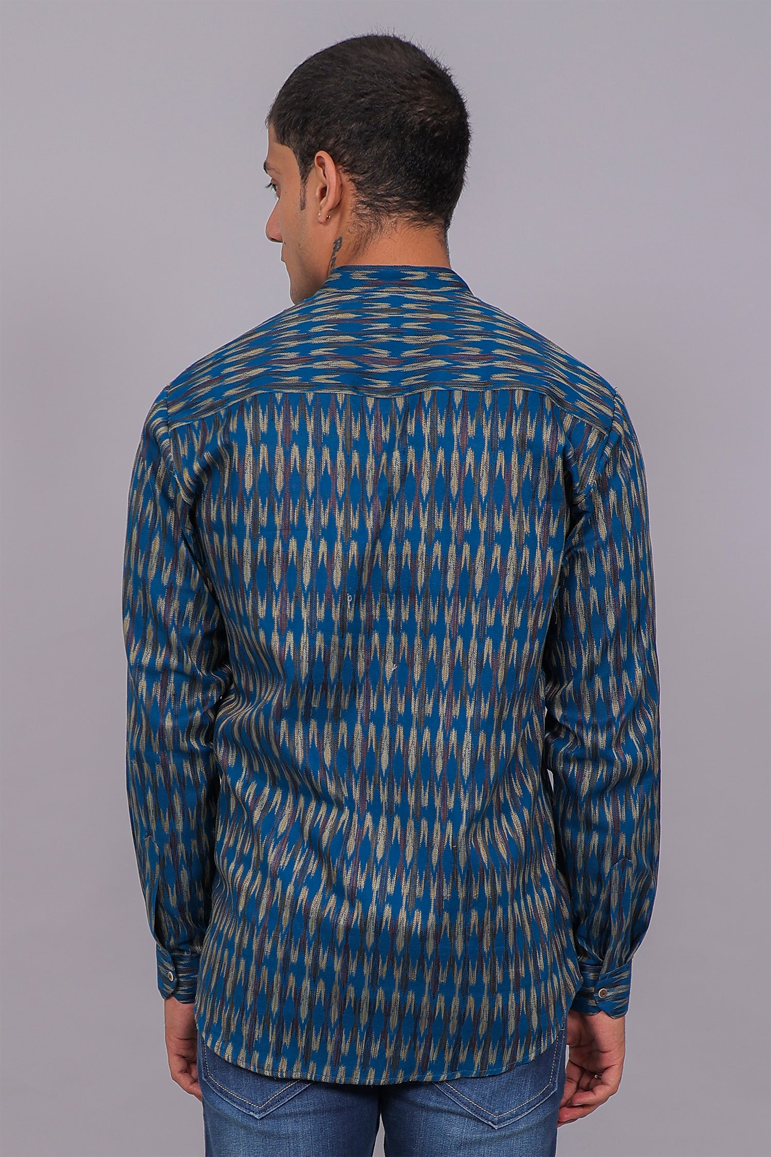 Bluebird Men's Blue Ikat Printed Short Kurta
