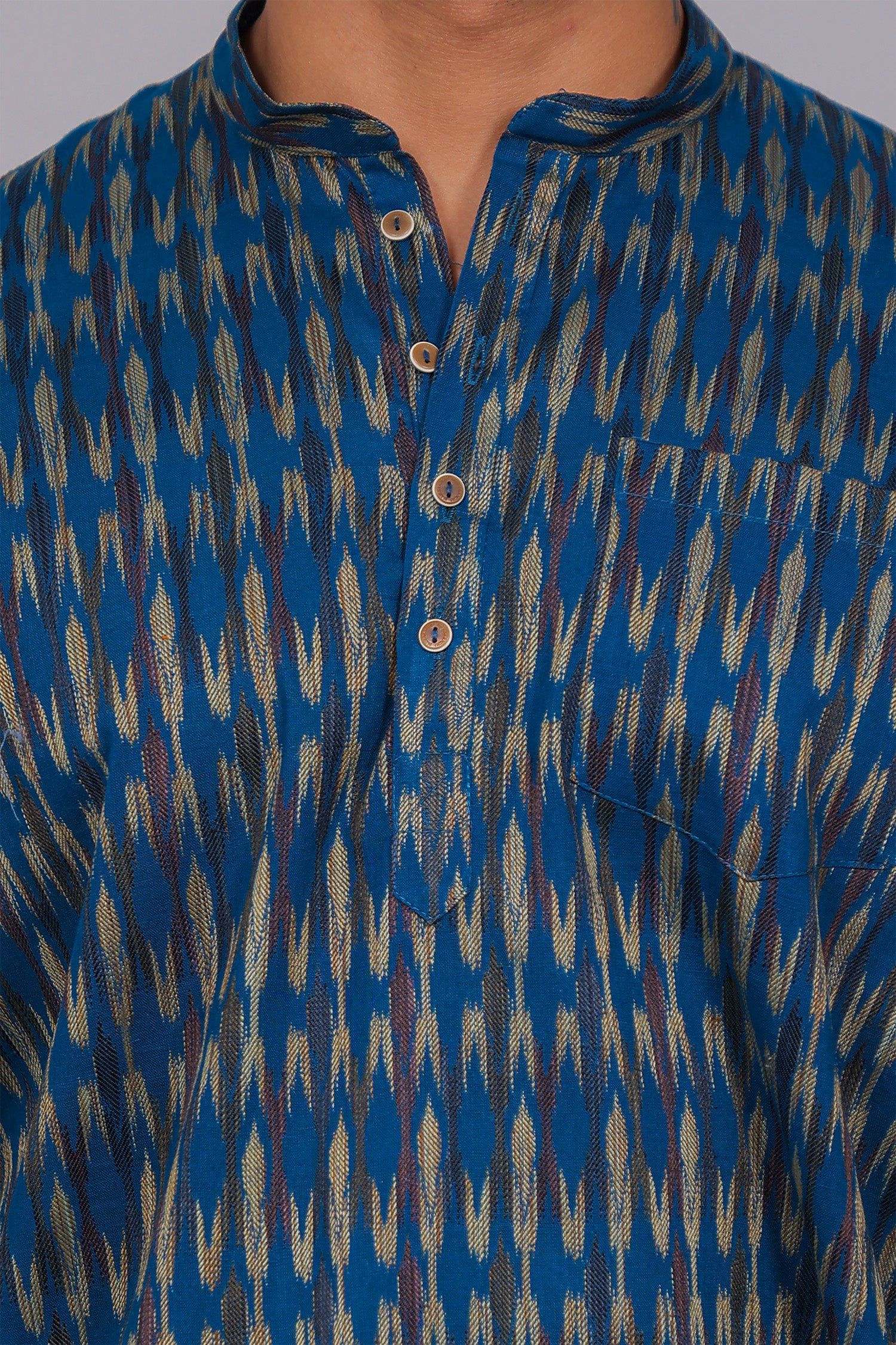 Bluebird Men's Blue Ikat Printed Short Kurta