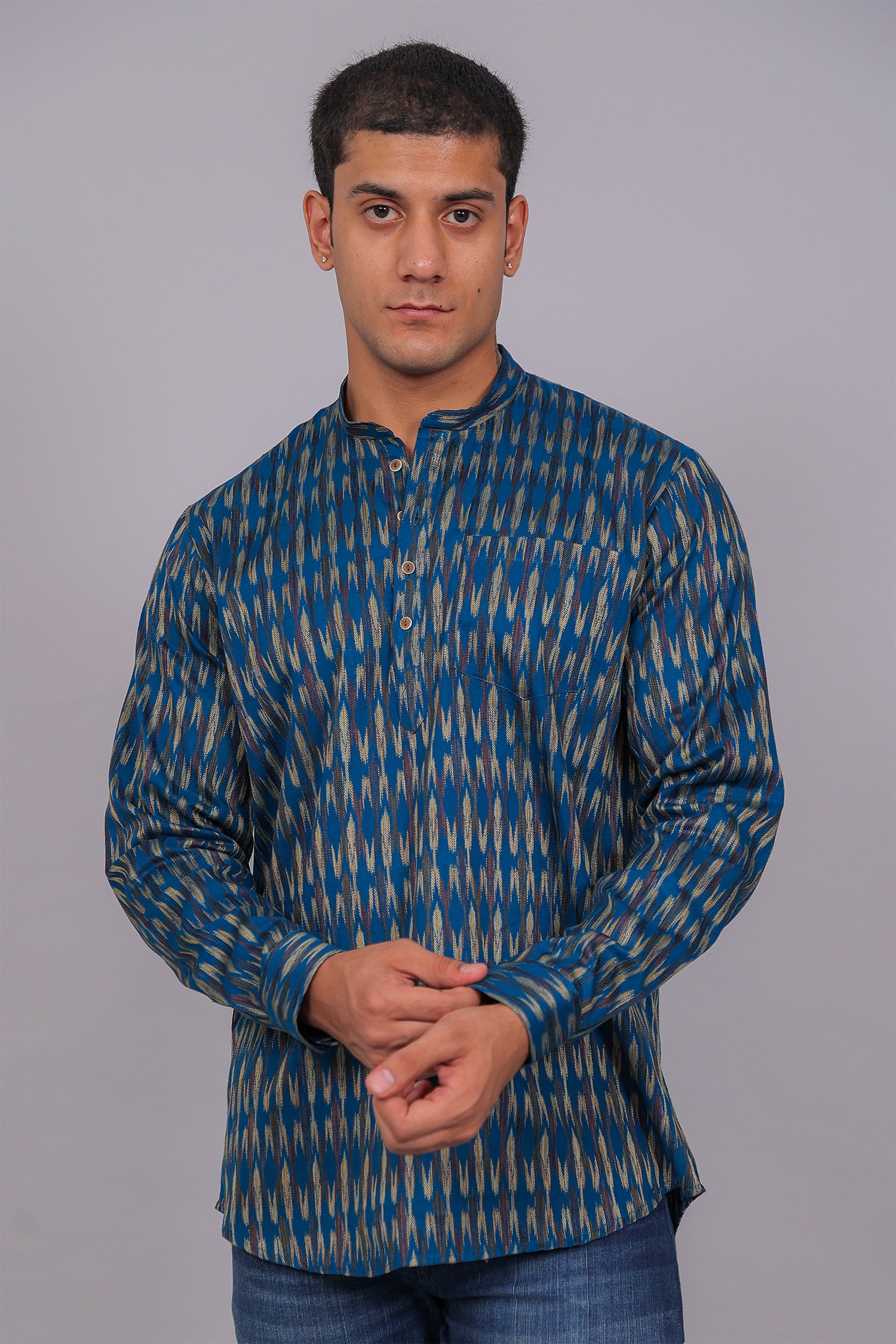 Bluebird Men's Blue Ikat Printed Short Kurta