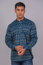 Thumbnail for Bluebird Men's Blue Ikat Printed Short Kurta