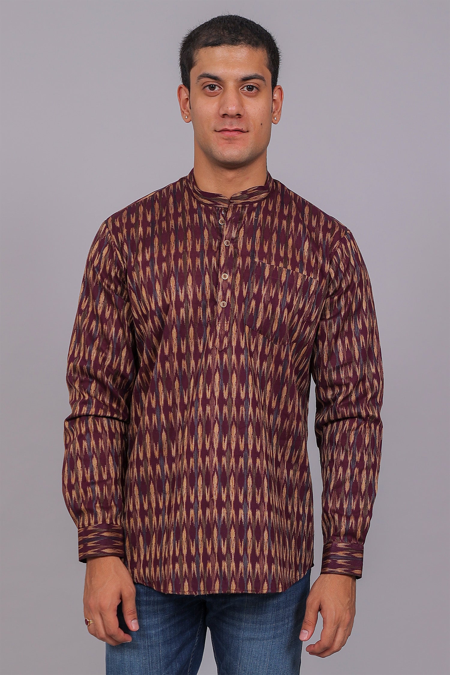 Bluebird Men's Purple Ikat Printed Short Kurta