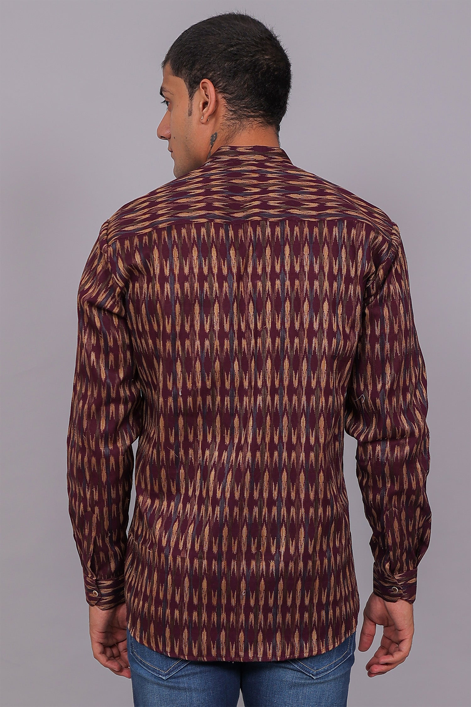 Bluebird Men's Purple Ikat Printed Short Kurta