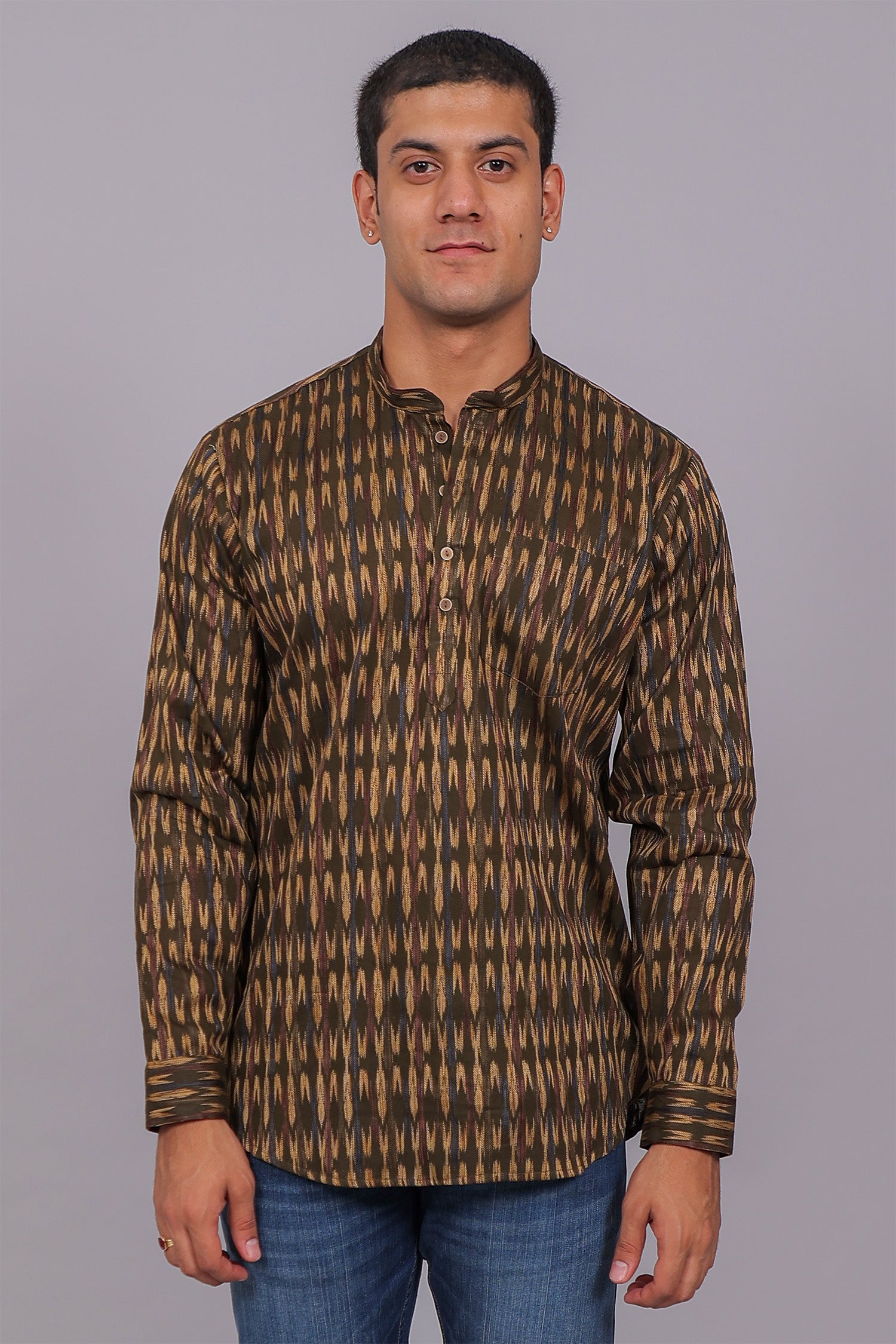 Bluebird Men's Olive Ikat Printed Short Kurta
