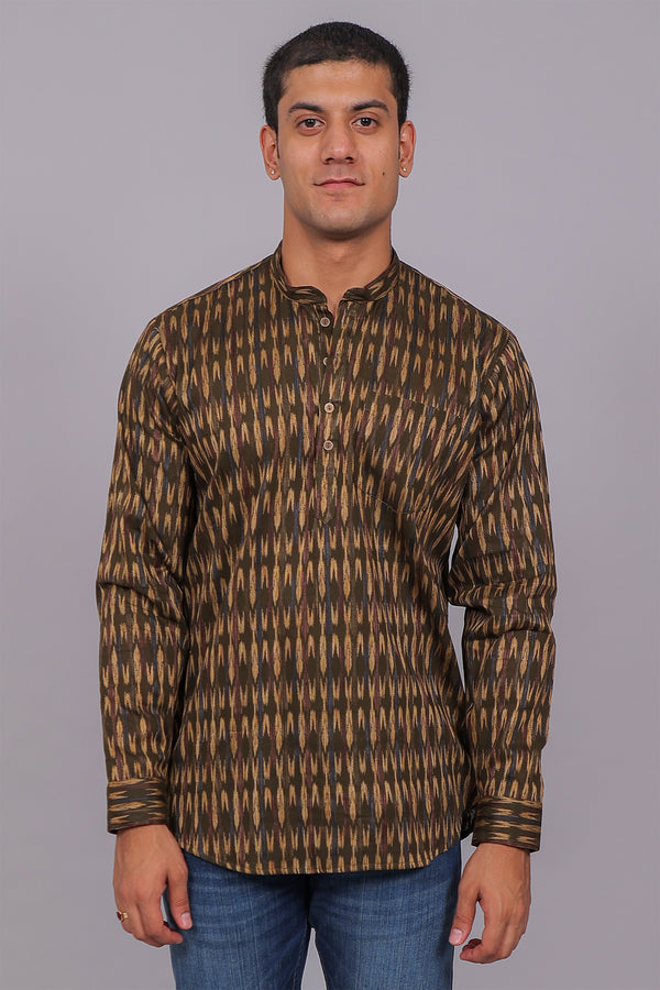 Bluebird Men's Olive Ikat Printed Short Kurta