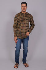 Thumbnail for Bluebird Men's Olive Ikat Printed Short Kurta