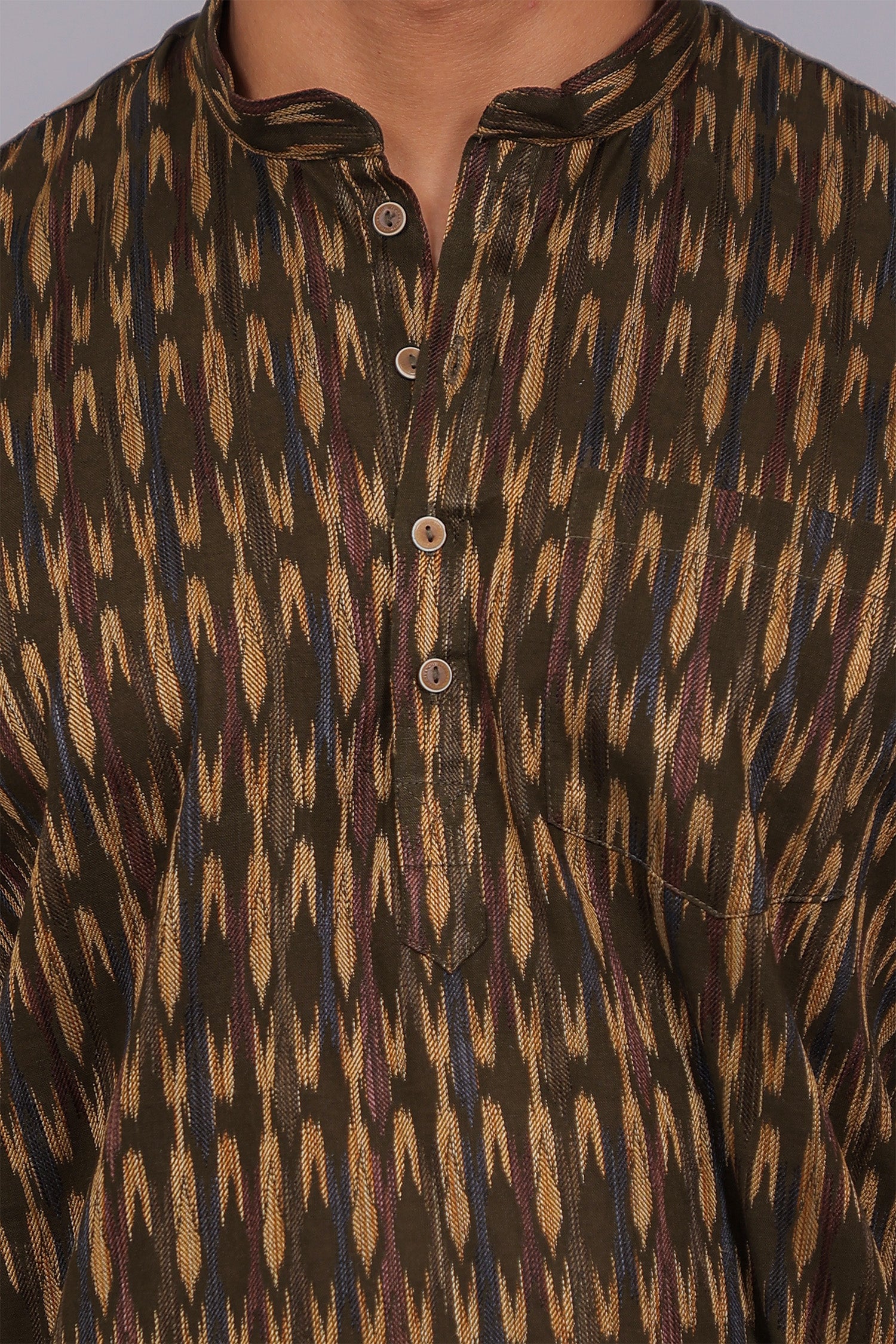 Bluebird Men's Olive Ikat Printed Short Kurta