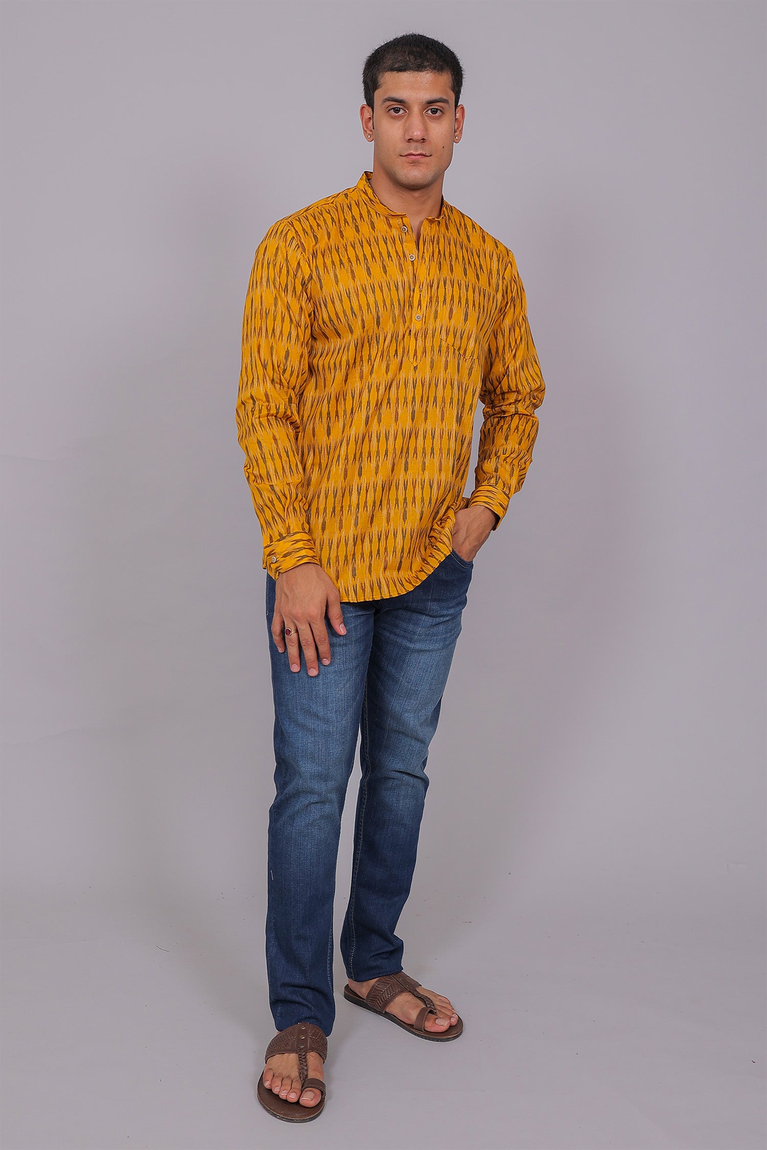Bluebird Men's Yellow Ikat Printed Short Kurta