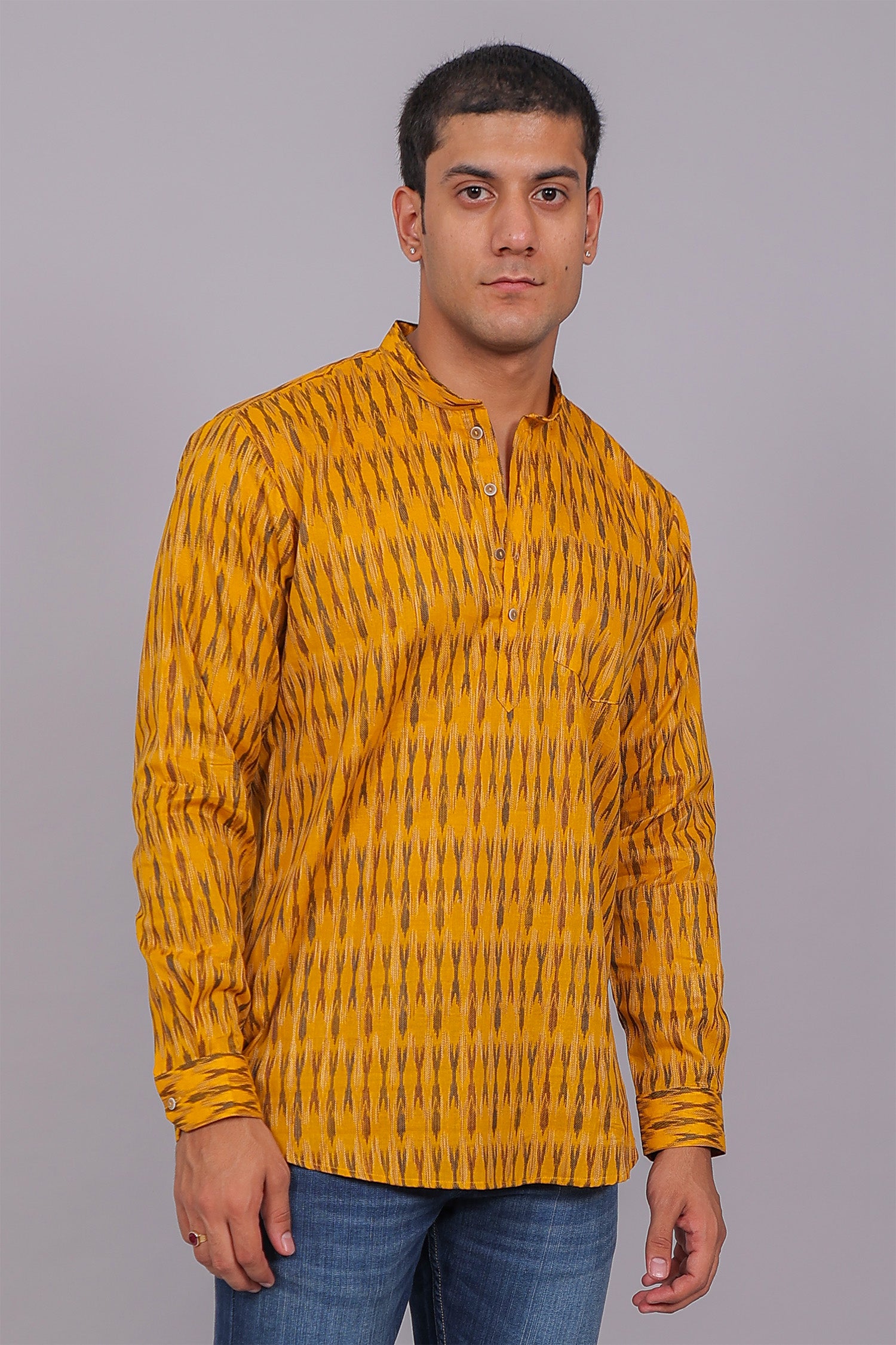 Bluebird Men's Yellow Ikat Printed Short Kurta