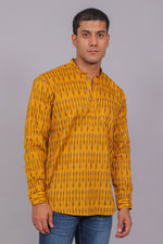 Thumbnail for Bluebird Men's Yellow Ikat Printed Short Kurta