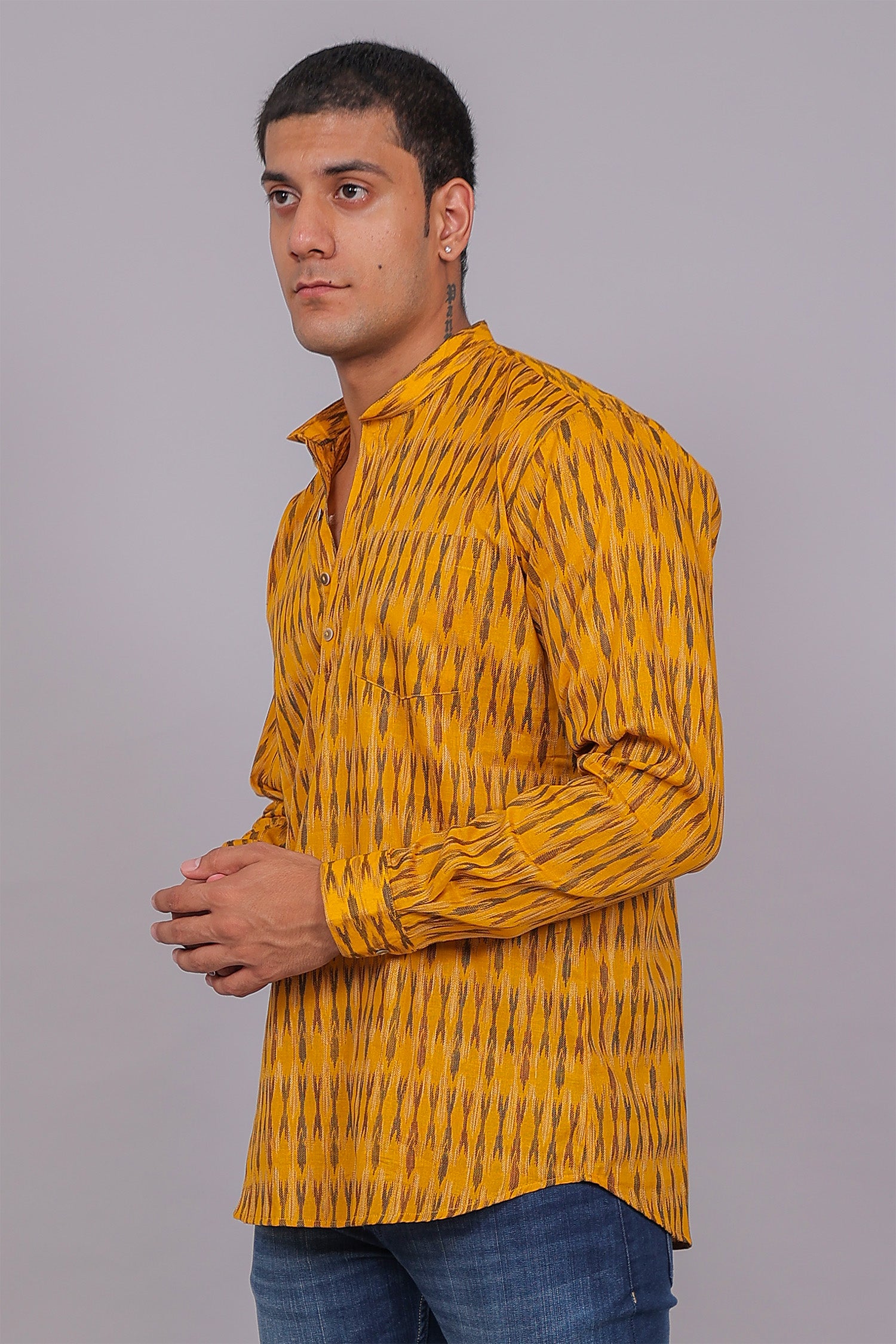 Bluebird Men's Yellow Ikat Printed Short Kurta