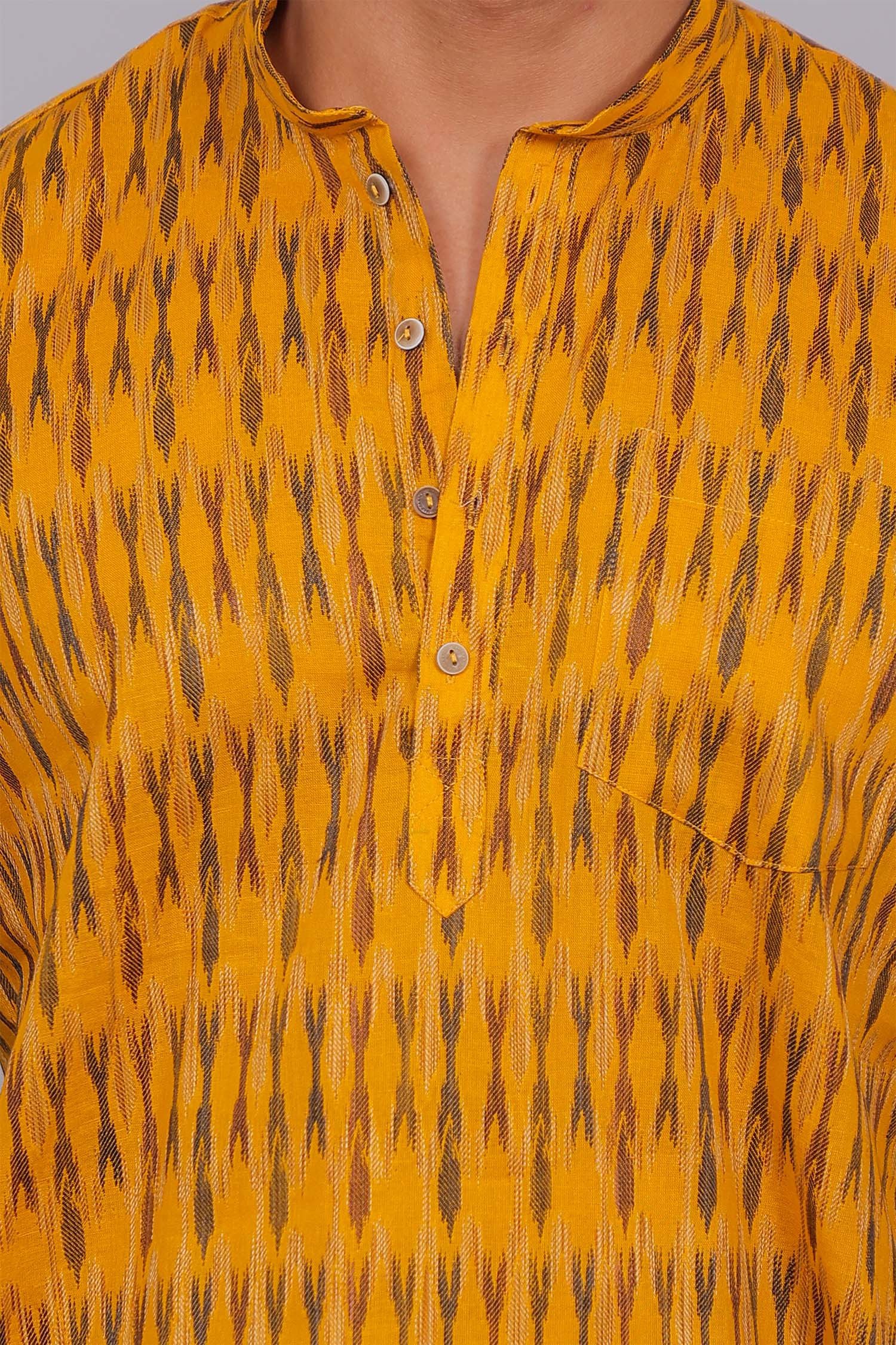 Bluebird Men's Yellow Ikat Printed Short Kurta