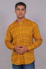 Thumbnail for Bluebird Men's Yellow Ikat Printed Short Kurta