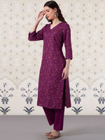 Thumbnail for Ode by House of Pataudi V-Neck Floral Printed Kurta With Trousers - Distacart