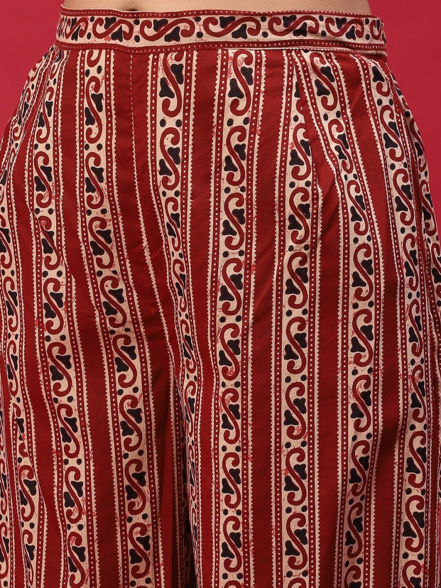 Anouk Maroon Ethnic Motifs Printed Pure Cotton Kurta with Palazzos