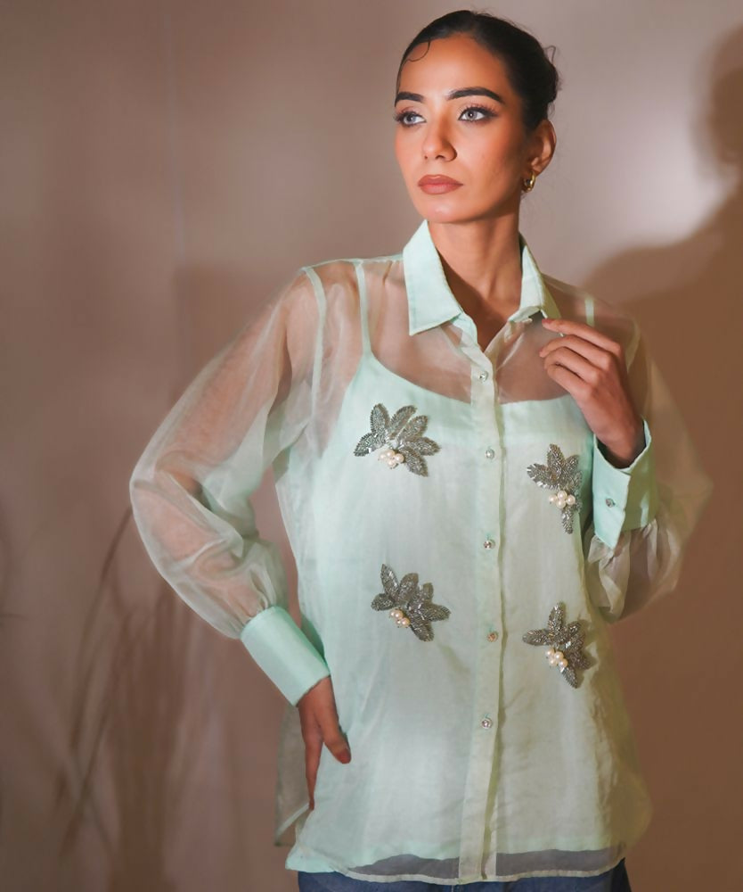 Timaraa Mint Whisper Hand-Embellished Organza Shirt - Dista