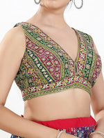 Thumbnail for Joban Fashion Green Multi Georgette Padded Blouse With V Neck Sleeveless - Distacart