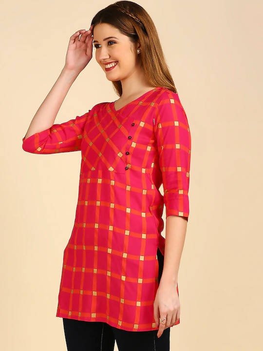 Anubhutee Magenta & Orange Checked Angrakha Kurti - Distacart
