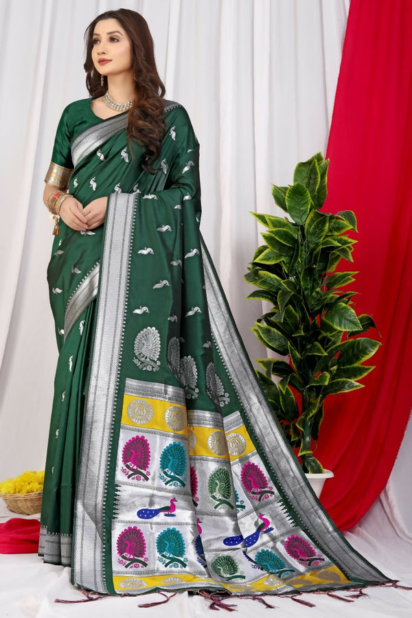 Jyoti Fashion Women's Bottle Green Paithani Silk Zari Woven Saree with Blouse - Distacart