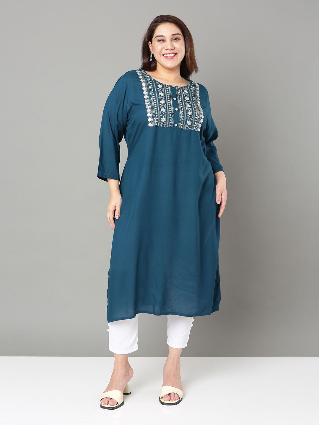 Sztori Plus Size Floral Yoke Design Mirror Work Straight Kurta - Distacart