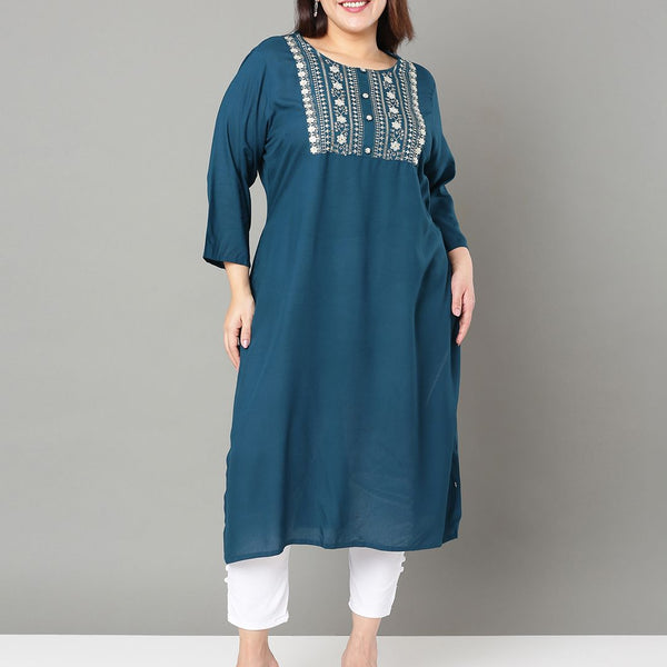 Sztori Plus Size Floral Yoke Design Mirror Work Straight Kurta - Distacart