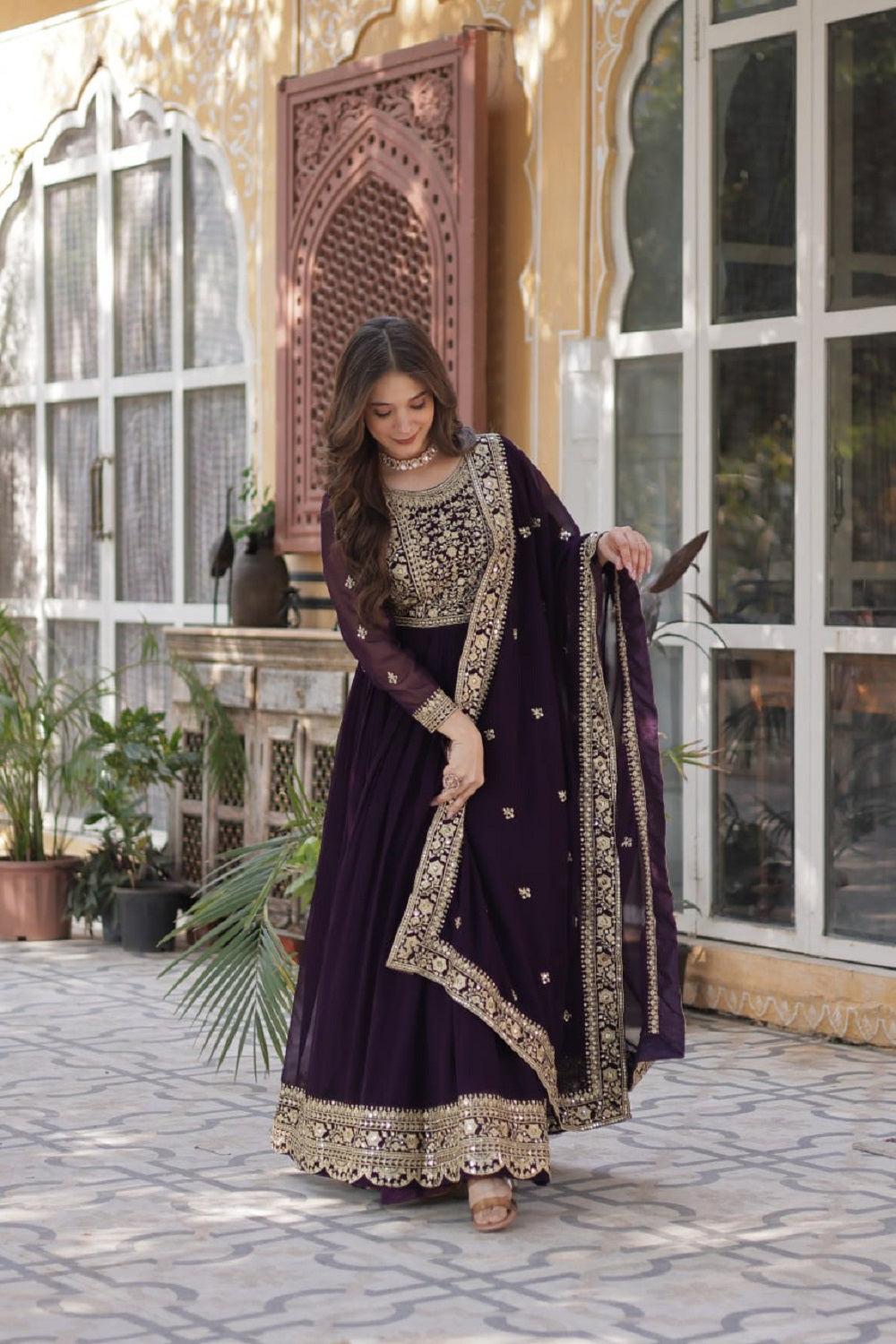 Yash Enterprise Wine Georgette Party Wear Embroidery Suit Set - Distacart