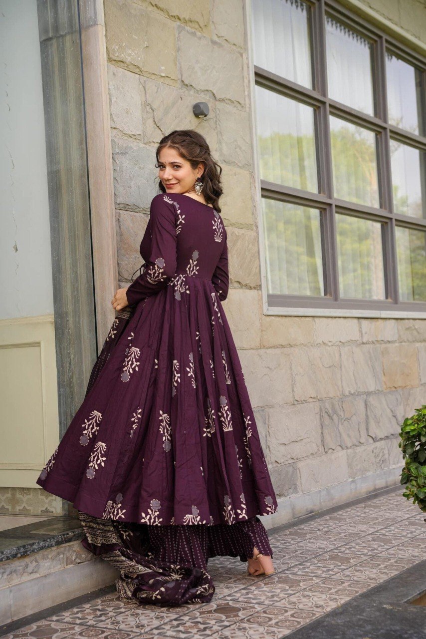 Yash Enterprise Coffee Maslin Fabric Digital Print Work Anarkali Suit Set