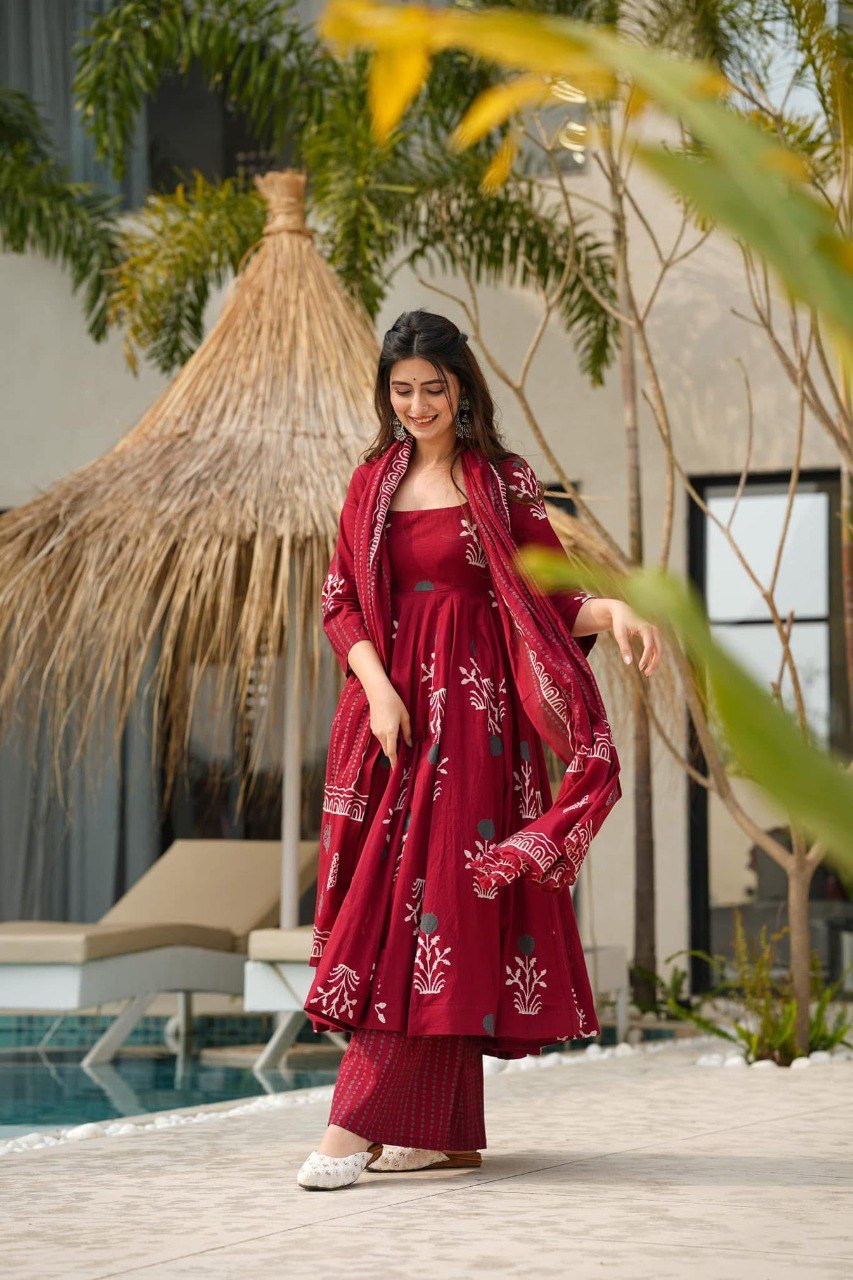 Yash Enterprise Maroon Maslin Fabric Digital Print Work Anarkali Suit Set