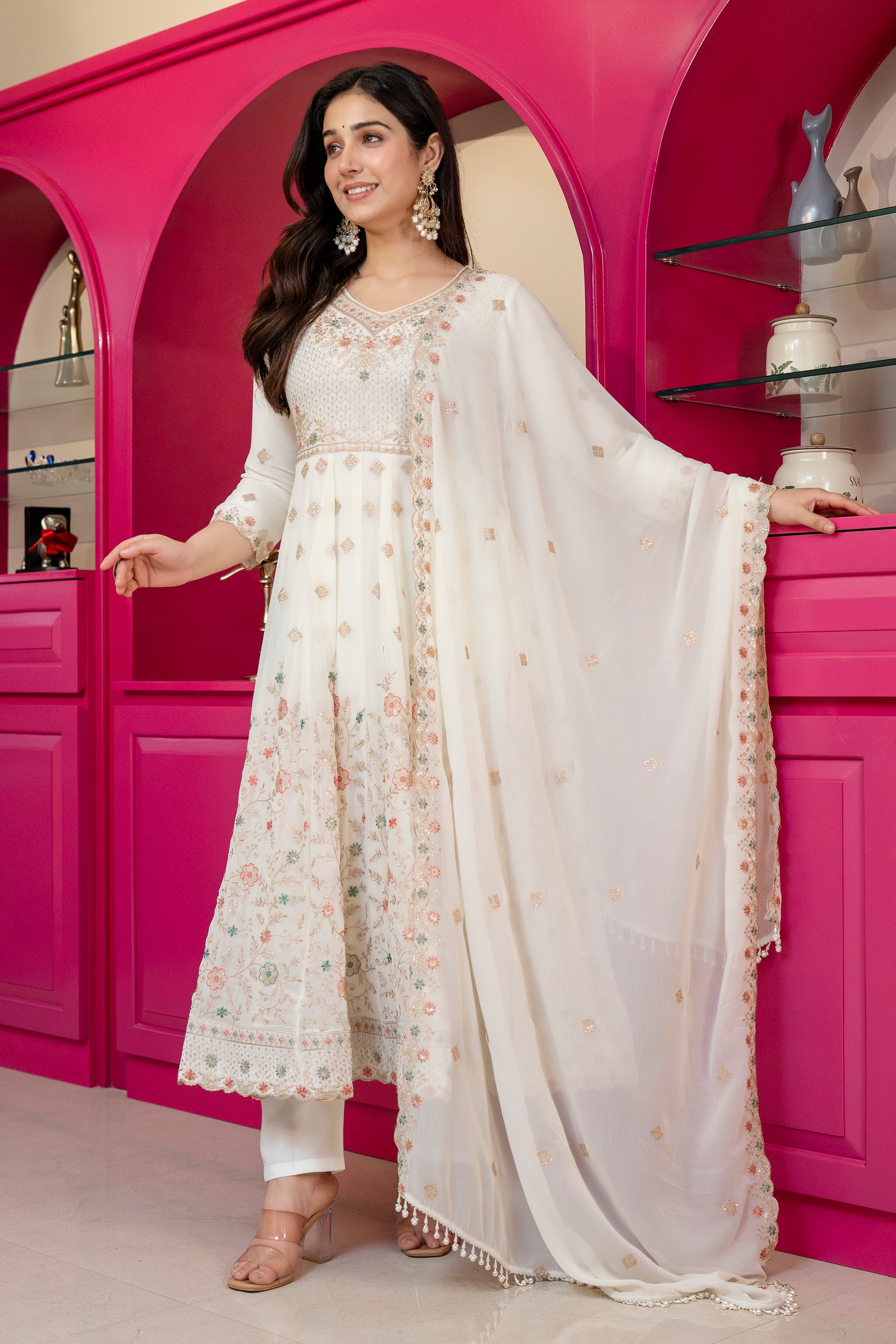 Yash Enterprise Off White Georgette Party Wear Anarkali Suit Set - Dista