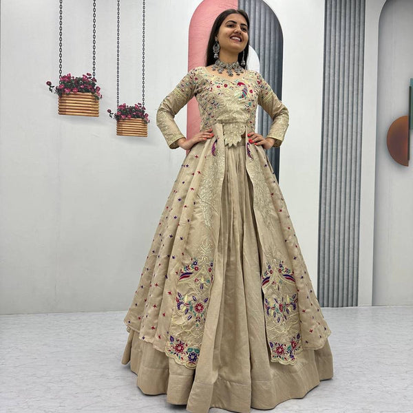 Yash Enterprise Cream Vichitra Silk Party Wear Embroidery Crop Top With Blouse Lehenga Choli - Distacart