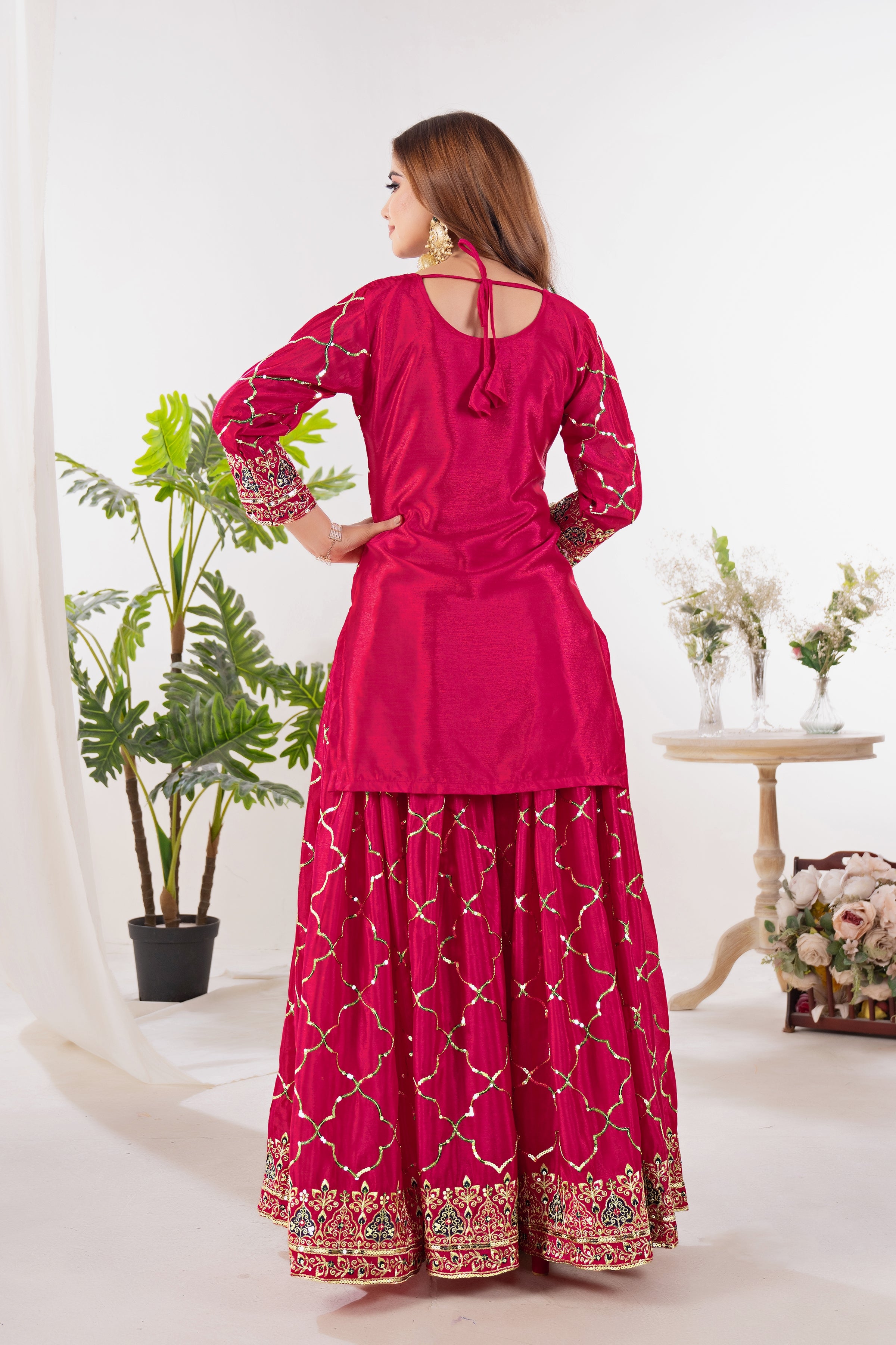 Yash Enterprise Red Chinnon Silk Embroidery Party Wear Suit Set