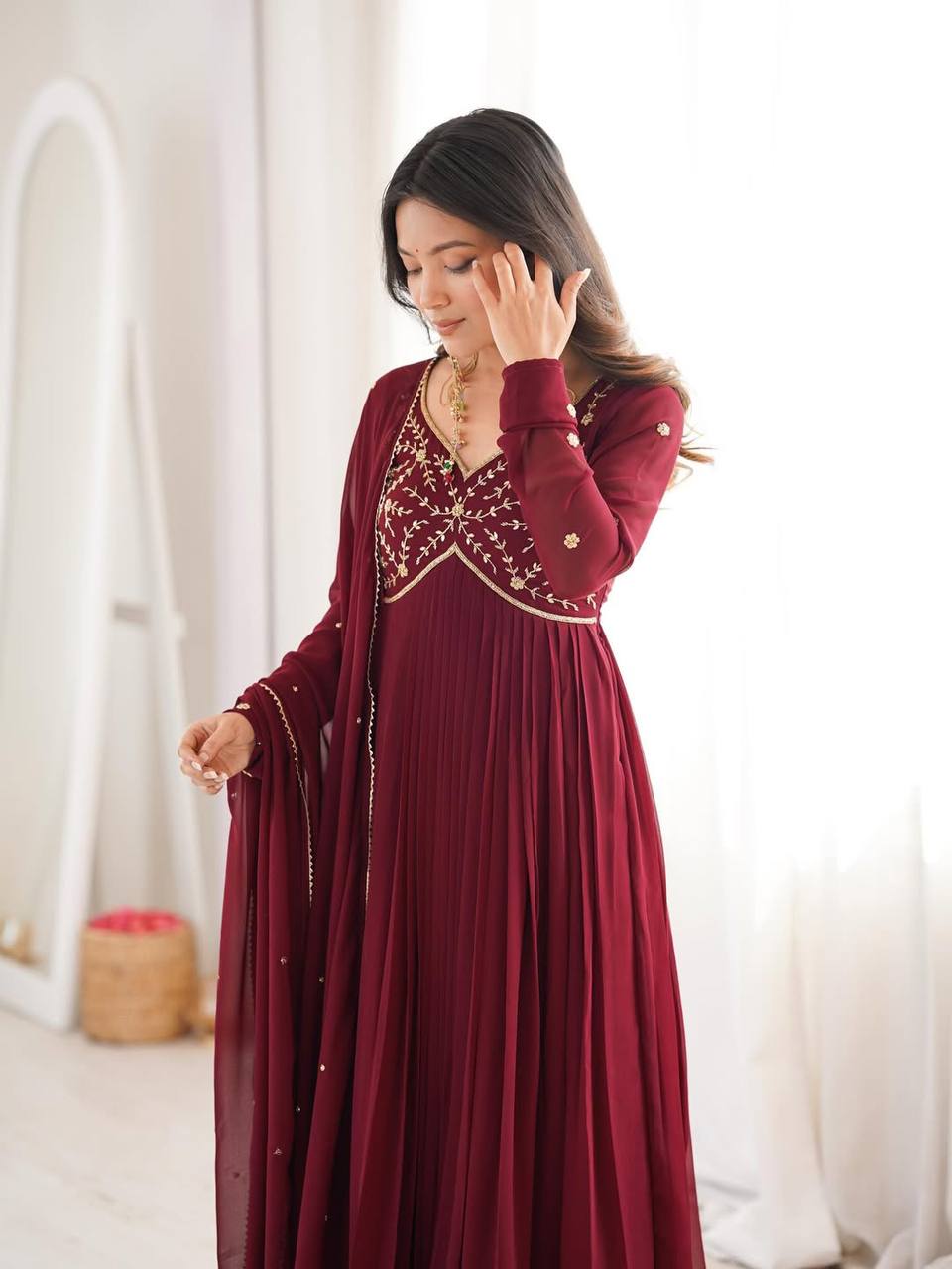 Yash Enterprise Maroon Faux Georgette Party Wear Embroidery Suit Set - Distacart