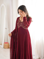 Thumbnail for Yash Enterprise Maroon Faux Georgette Party Wear Embroidery Suit Set - Distacart