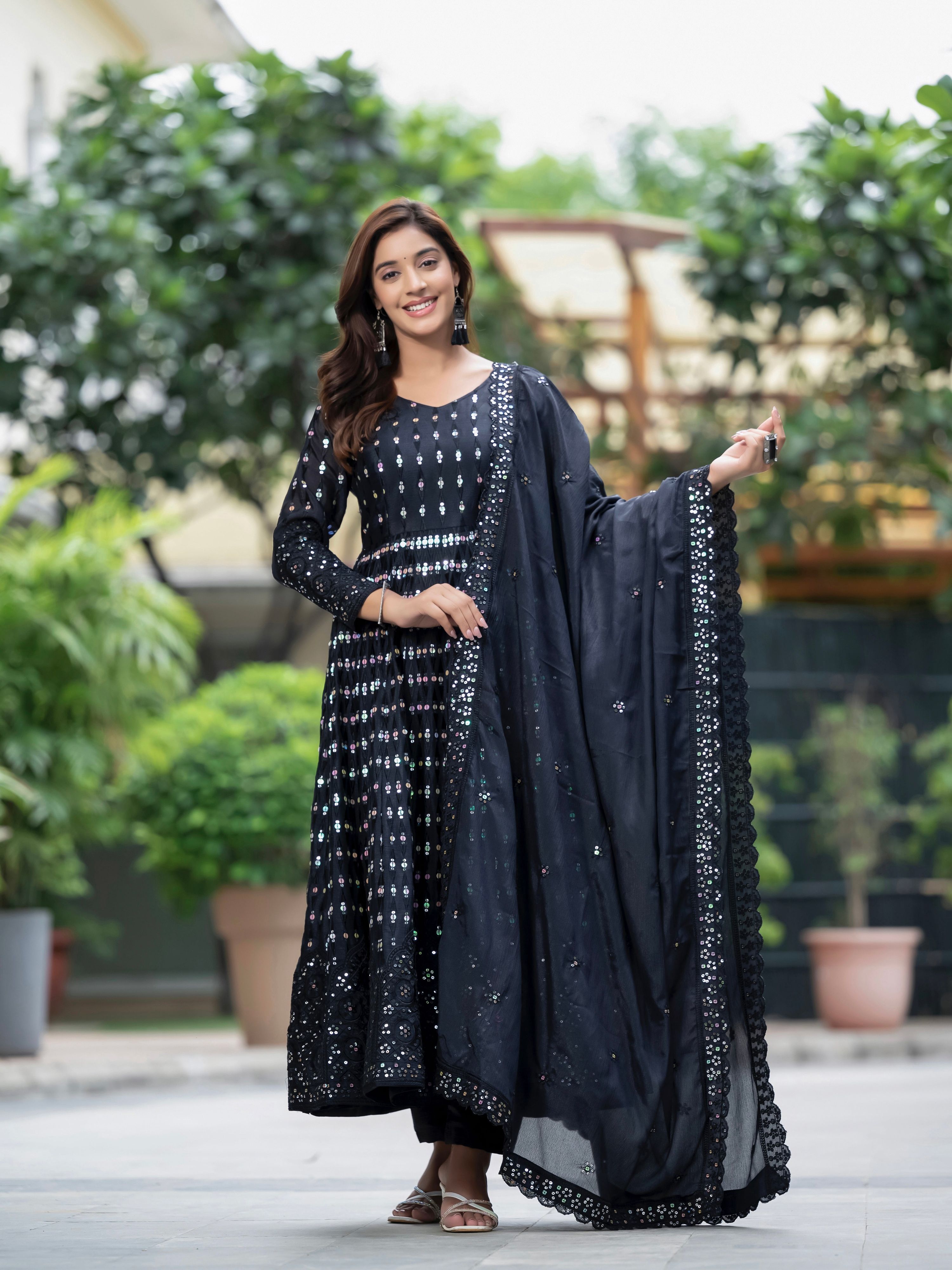 Yash Enterprise Black Chinon Silk Embroidery Party Wear Suit Set