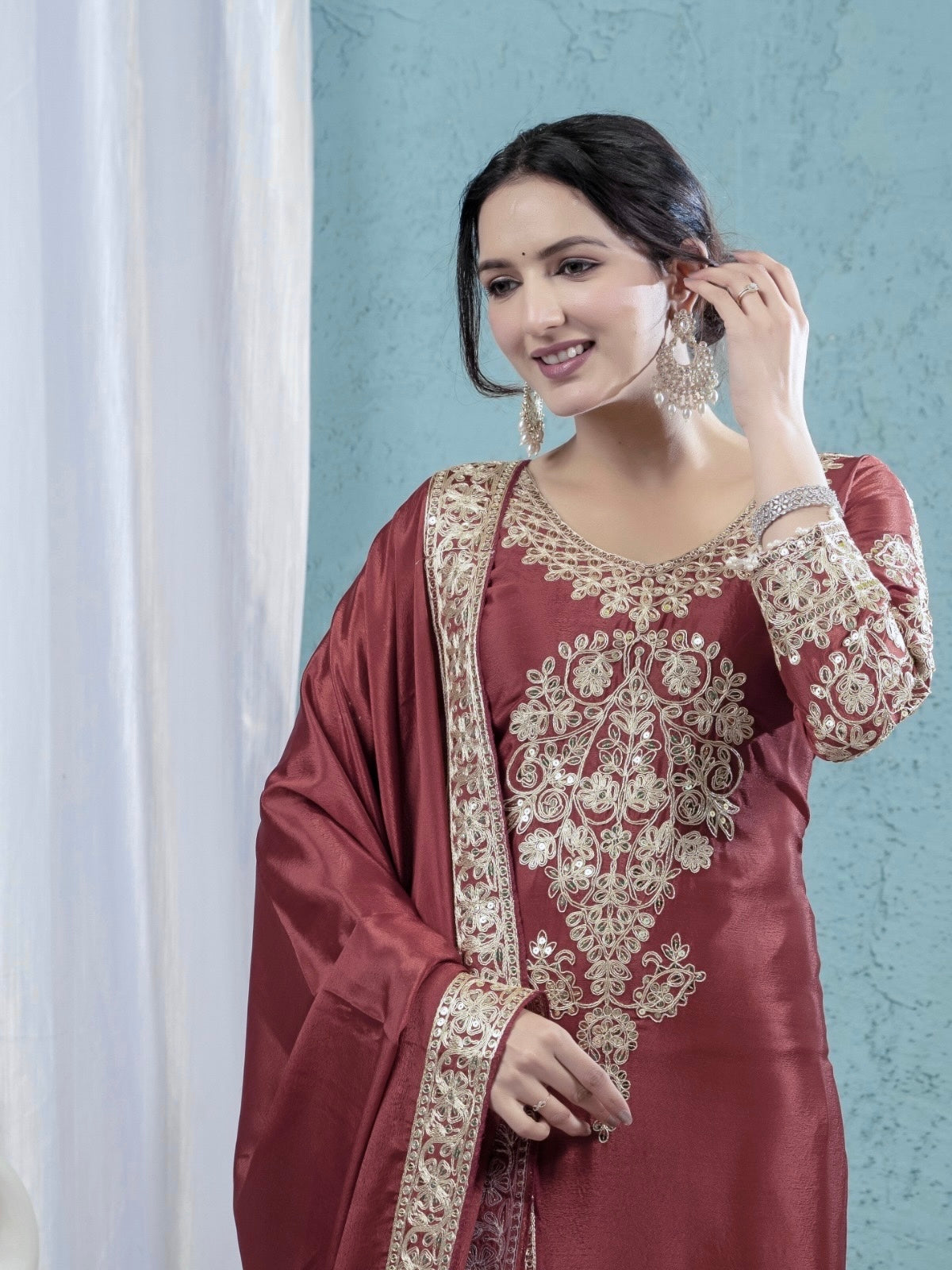 Yash Enterprise Maroon Chinon Silk Party Wear Embroidery Suit Set