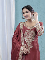 Thumbnail for Yash Enterprise Maroon Chinon Silk Party Wear Embroidery Suit Set