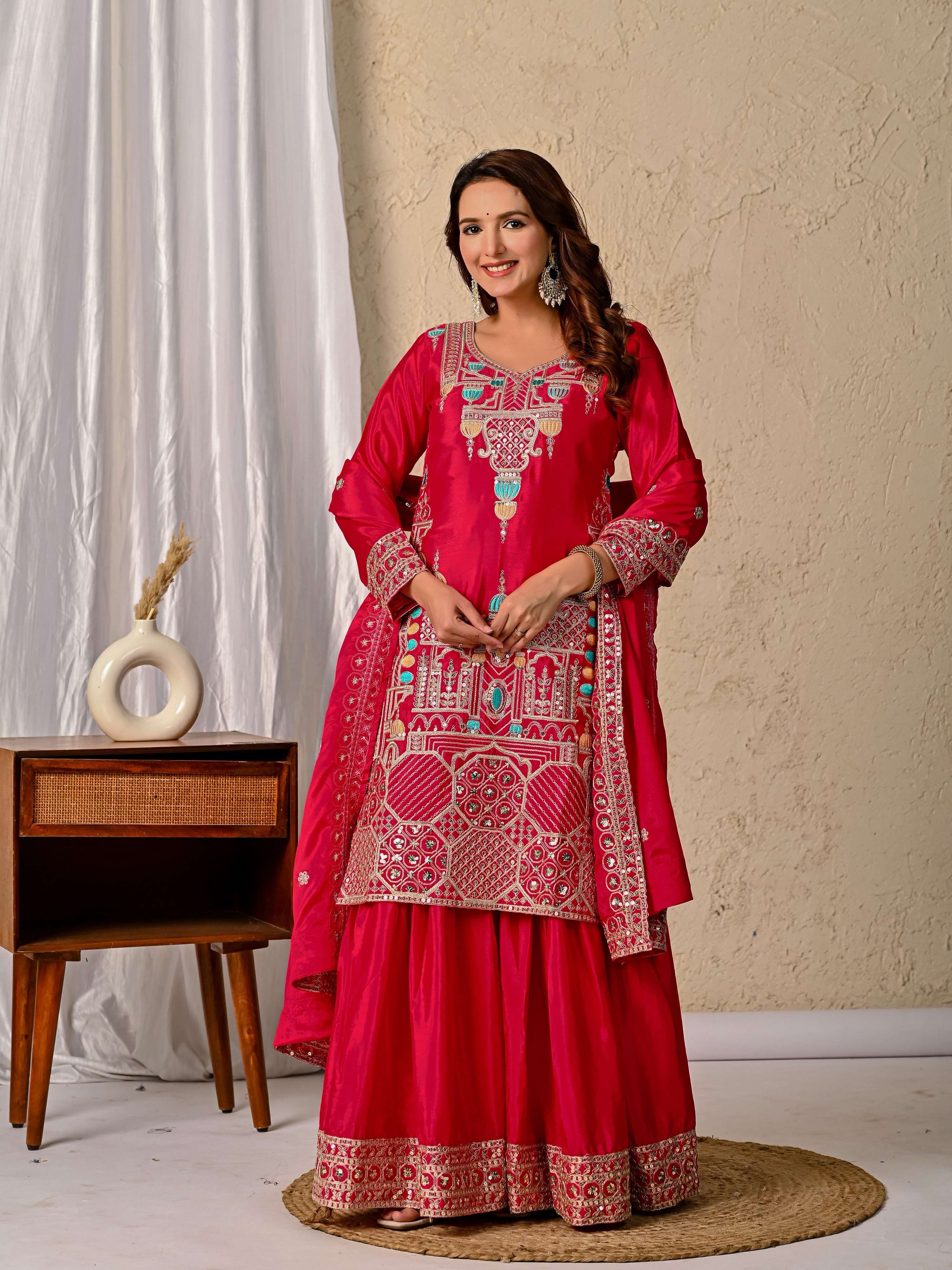 Yash Enterprise Red Chinnon Silk Embroidery Party Wear Suit Set