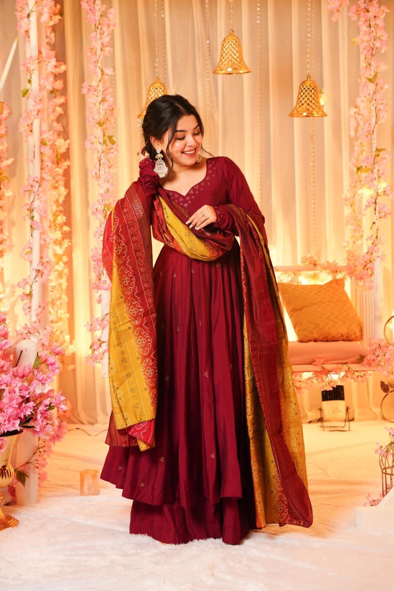 Yash Enterprise Festive Special Chinon Silk Partywear Designer Gown With Palazzo & Dupatta Set