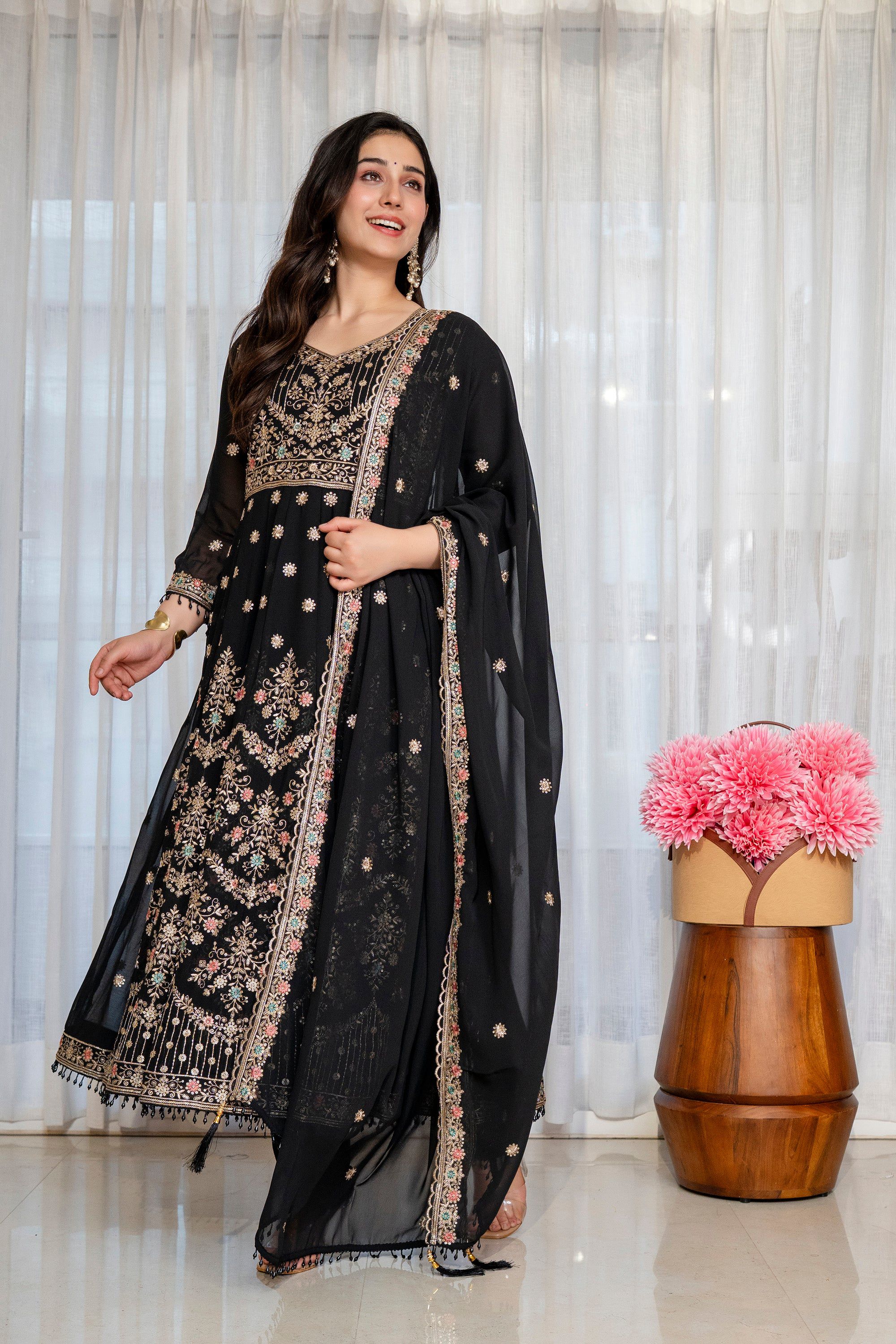 Yash Enterprise Black Georgette Party Wear Anarkali Suit Set - Dista