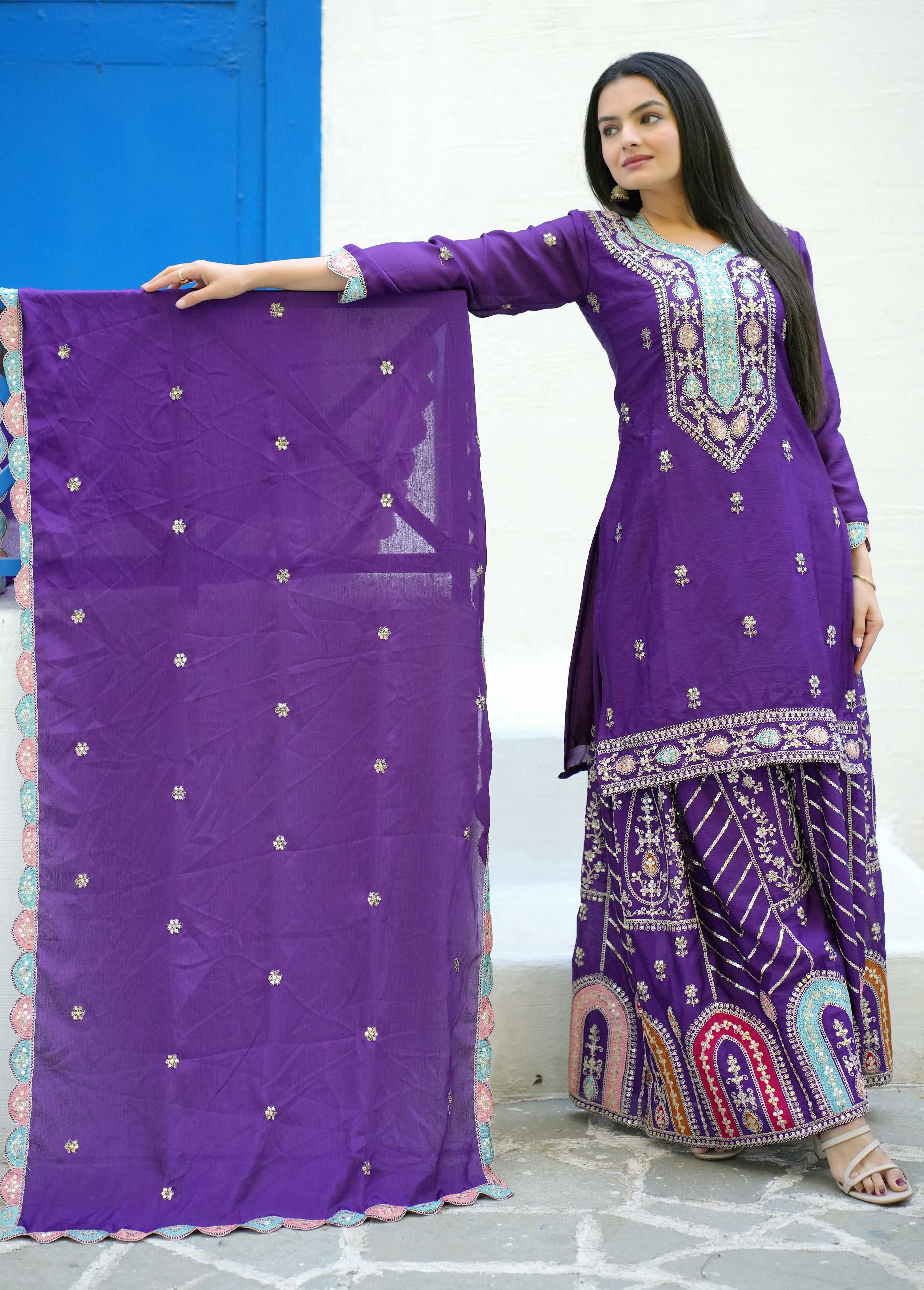 Yash Enterprise New Designer Embroidered Chinon With Sequence Blue Readymade Salwar Suit