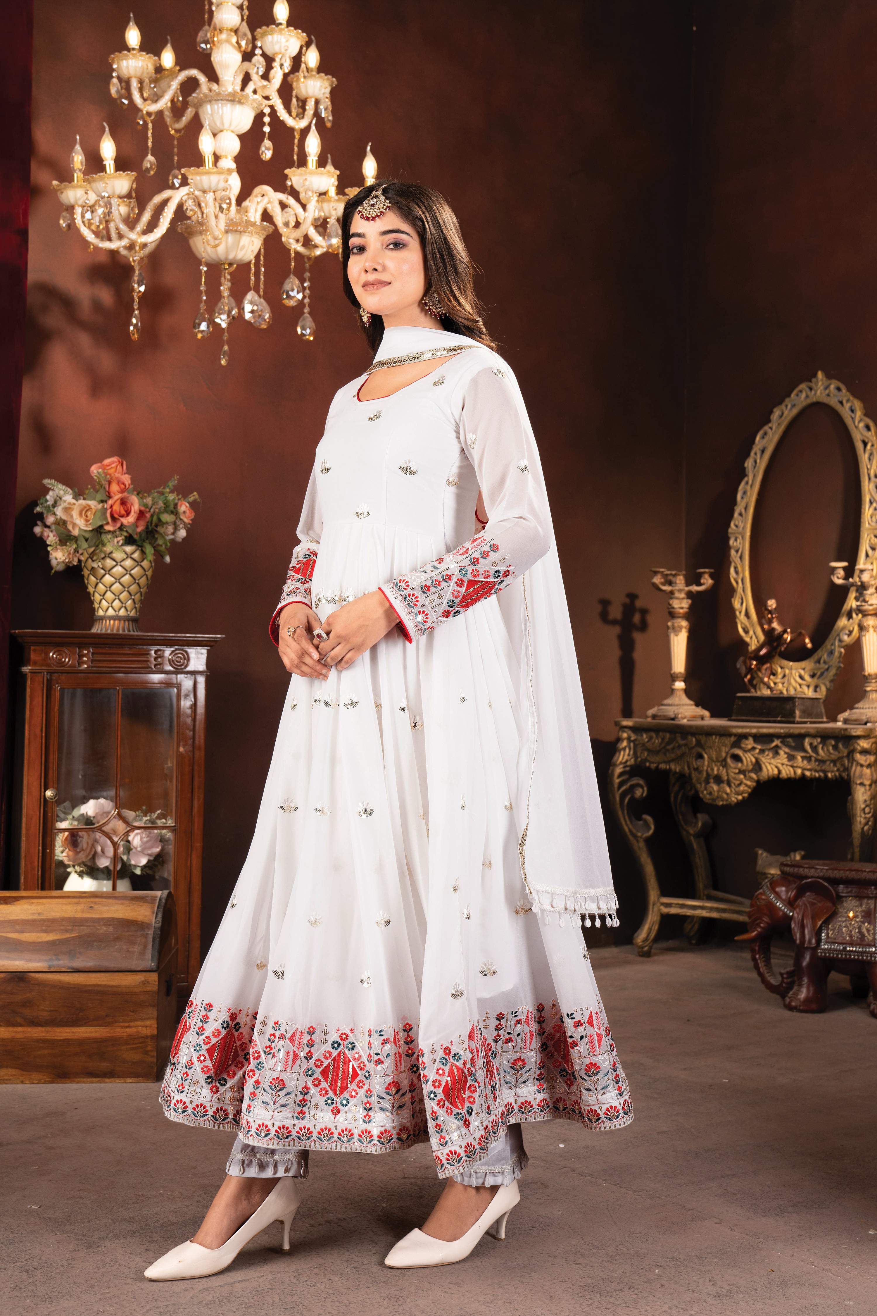 Yash Enterprise White Faux Blooming Embroidery Party Wear Suit Set