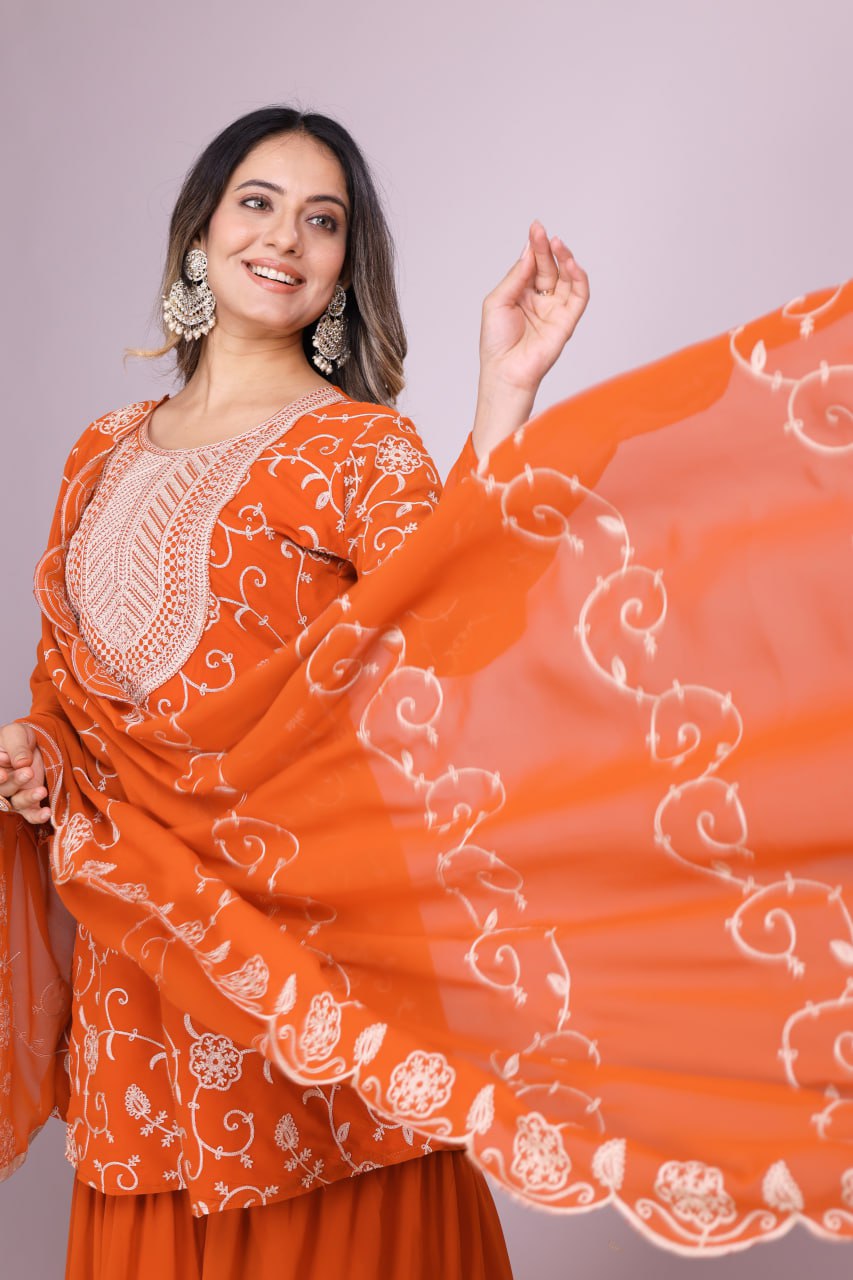Yash Enterprise Orange Chinon Silk Party Wear Embroidery Suit Set